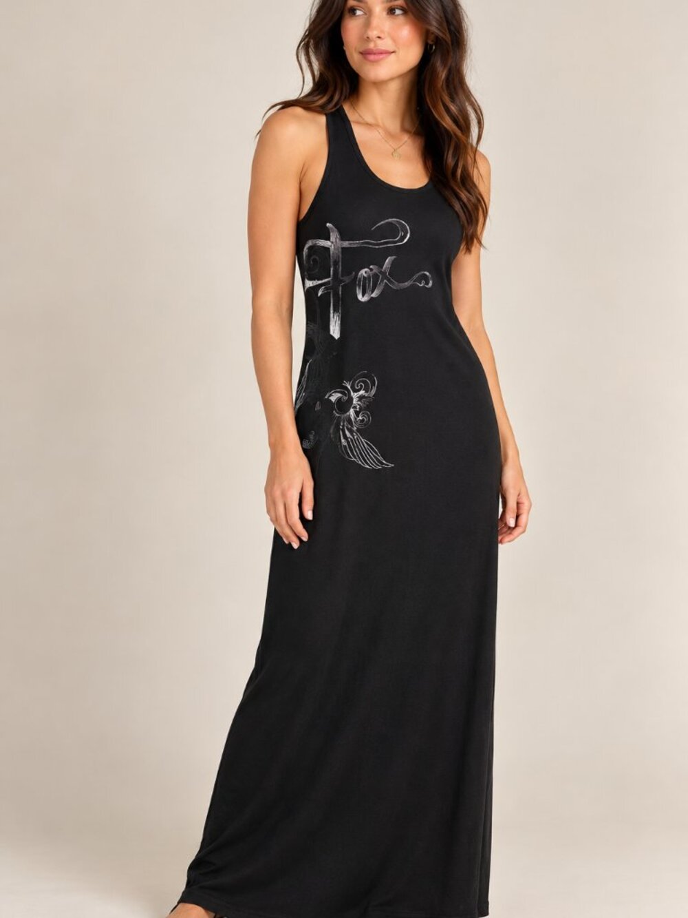 Fox Racing Black Maxi Dress Racerback Graphic Boho Moto Y2K